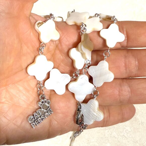 White Mother of Pearl Clover Beaded Short Necklace +Cat Person Paw Print Pendant - Picture 13 of 13